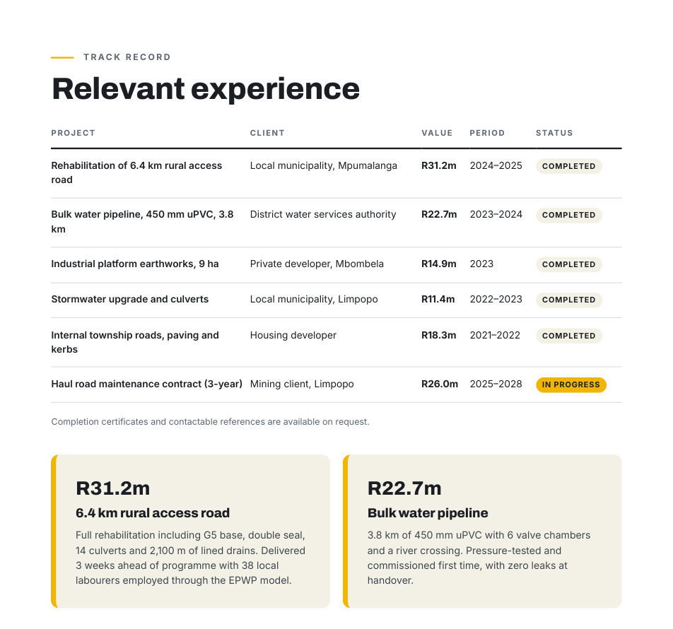 Sample experience page from a ScoreReady company profile
